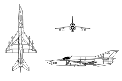 Mikoyan-Gurevich MiG-21 3-view line drawing.png