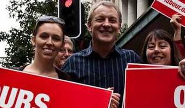 Ardern, with Phil Goff and Carol Beaumont, at an anti-mining march on 1 May 2010