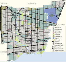 In the northeast corner of Mississauga is Toronto Pearson International Airport (blue), the largest airport in Canada. Three GO Transit lines (dashed lines) have stations in the city, the Kitchener line (top right, adjacent to airport), the Milton line from central east to northwest, and the Lakeshore West line in the south. Provincial highways running east-west are Highway 401 in the north, Highway 403 centrally, and the Queen Elizabeth Way in the south. Provincial highways running north-south are Highway 407 in the west, Highway 410 centrally, and Highway 409 and Highway 427 in the east. Mississauga overview map.svg