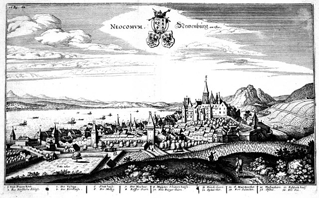 Neuchâtel in 1645, showing the spires of Neuchâtel Castle; n.b. that the picture is labelled Neocomum (Latin) and Neuenburg am See (German)