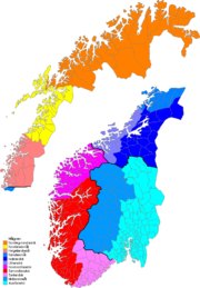 The map shows the division of the Norwegian dialects within the main groups. Norske Malgreiner.png