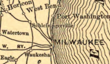 Rail map of Wisconsin from 1900 centered on Schleisingerville Northern Pacific Railroad map circa 1900 Schleisingerville.png