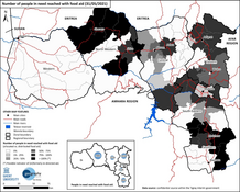 The percentage of people in need reached with food aid as of 31 May 2021. White=0% and Black=100% Number of people in need reached with food aid (31-05-2021).png