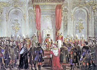 Opening of the Hungarian Diet (Orszaggyules) with the members of hungarian nobility in the Royal Palace, 1865 Orszaggyules megnyitasa 1865.jpg