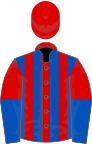Red and royal blue stripes, halved sleeves, red cap