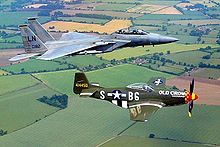 Old Crow, the aircraft of Capt. Clarence E. "Bud" Anderson, 363rd FS, with an F-15D at RAF Lakenheath in July 2001 P-51 F-15.jpg