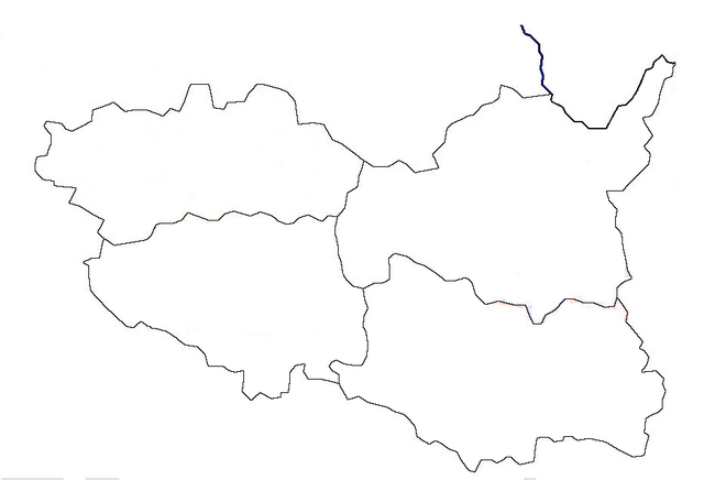 Mapa konturowa kraju pardubickiego, po lewej nieco u góry znajduje się punkt z opisem „Kladruby nad Labem”