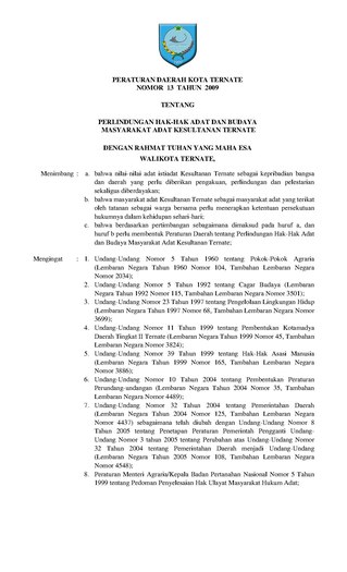 Peraturan Daerah Kota Ternate Nomor 13 Tahun 2009 tentang Perlindungan Hak-Hak Adat dan Budaya Masyarakat Adat Kesultanan Ternate