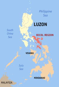 मानचित्र जिसमें बिकोल क्षेत्र Bicol Region हाइलाइटेड है