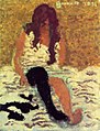 Peinture en couleur figurant une femme assise de face aux longs cheveux tête penchée et portant un vêtement à pois et un seul bas.