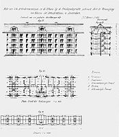 Block of 124 flats, Schans, Amsterdam, situation, plan, elevation, cross section. 1854.