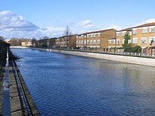 Pilkington Canal (also called Broadwater Canal) - used to connect to Woolwich Arsenal, now remains as a water feature. Pilkington Canal, Thamesmead - geograph.org.uk - 369840.jpg