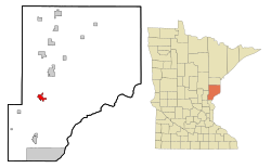 Pine County Minnesota Incorporated and Unincorporated areas Hinckley Highlighted.svg