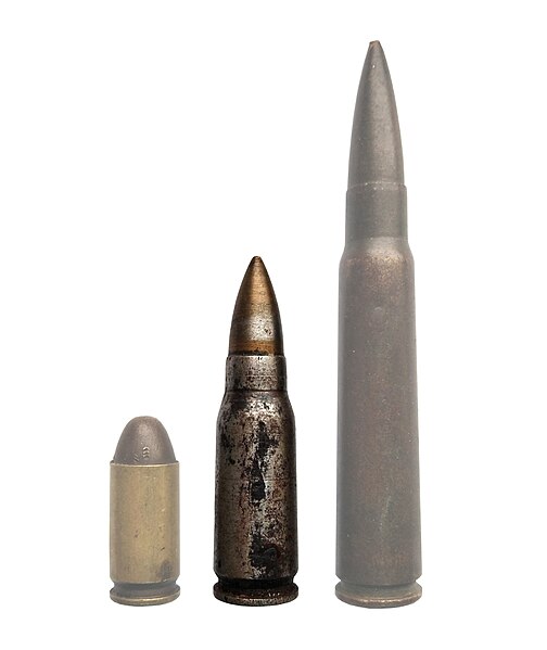 From left to right: 9×19mm (pistol cartridge) 7.92×33mm (intermediate cartridge) 7.92×57mm (fully powered cartridge)