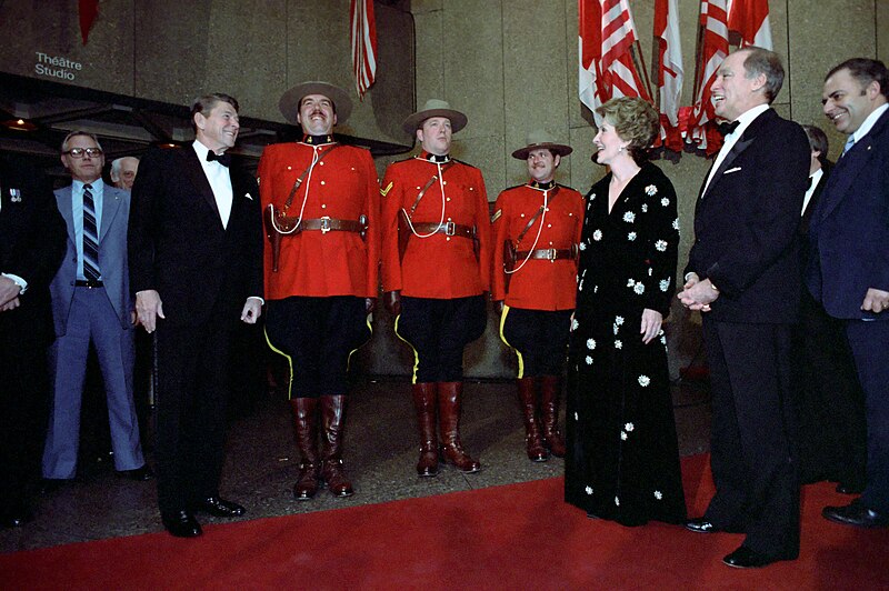 File:President Ronald Reagan, Nancy Reagan, and Prime Minister Pierre Trudeau meeting with Royal Canadian mounted police during a visit to National Arts Center in Ottawa, Canada.jpg