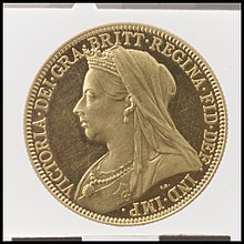 Sir Thomas Brock's "Old Head" of Victoria replaced Boehm's Jubilee Head (double sovereign shown). Queen Victoria proof double sovereign MET DP100383.jpg