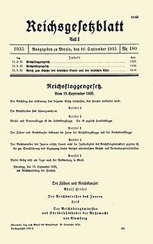 Title page of the German government gazette Reichsgesetzblatt
issue proclaiming the Nuremberg Race Laws RGBL I 1935 S 1145.jpg