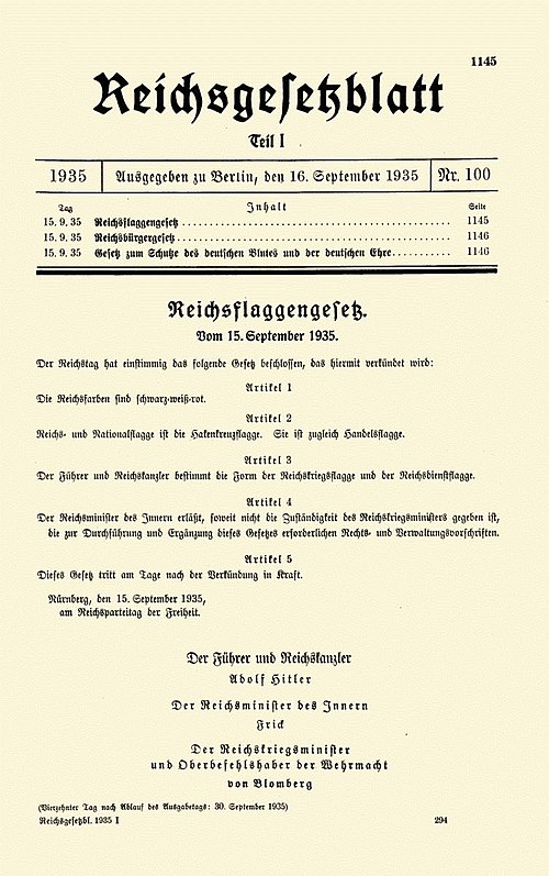 Title page of the German government gazette Reichsgesetzblatt issue proclaiming the laws, published on 16 September 1935 (RGBl. I No. 100)