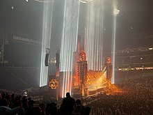 Bright spotlights shine skyward as Rammstein performs at US Bank Stadium, Minneapolis MN, August 27th, 2022