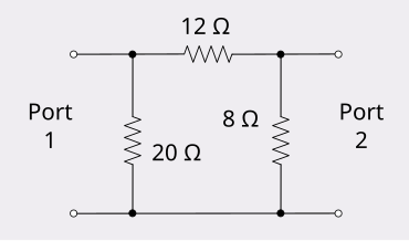 An asymmetrical attenuator in Pi formation with resistor values 20, 12 and 8 O left to right Reciprocity example circuit.svg
