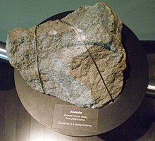 A chunk of andesite thrown from the volcano in 2009 is seen on display at the Anchorage Museum in March 2011.