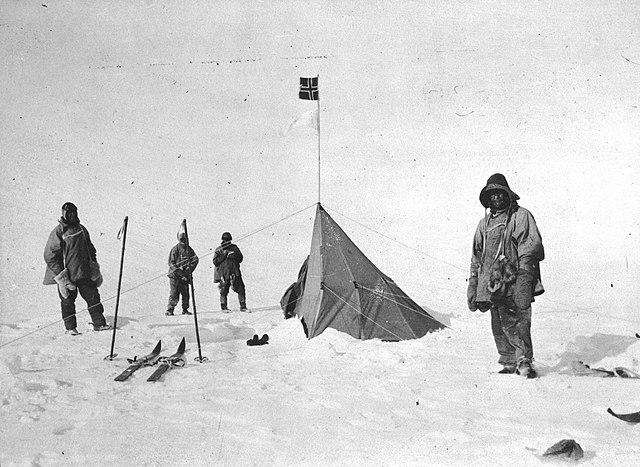 Scott, Bowers, Wilson, and Edgar Evans at Amundsen's base at the South Pole