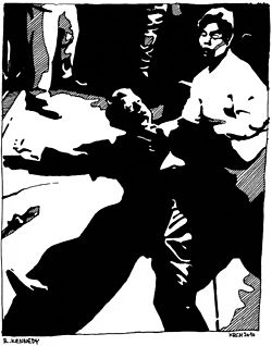 Těžce raněný Robert Kennedy ležící na podlaze v hotelové kuchyni (umělecká kresba)