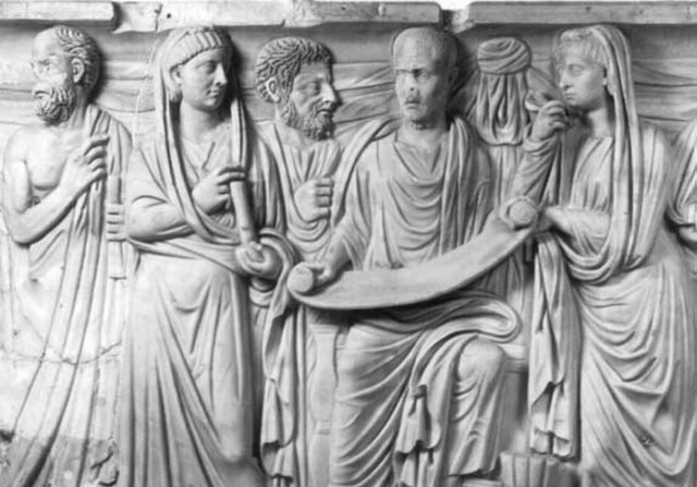 Presumed depiction of Plotinus and his disciples on a Roman sarcophagus in the Museo Gregoriano Profano, Vatican Museums, Rome