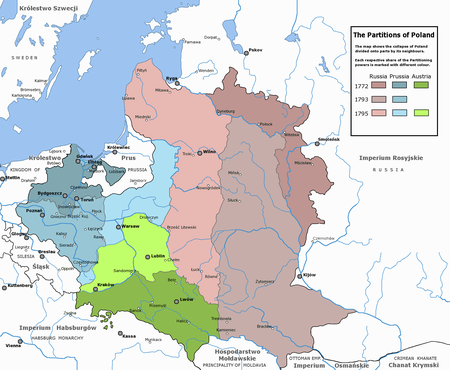 The three partitions of Poland (the Polish-Lithuanian Commonwealth). The Russian Partition (red), the Austrian Partition (green), and the Prussian Partition (blue) Rzeczpospolita Rozbiory 3.png