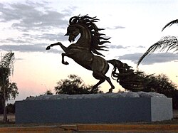 Statua di cavallo su San Marcos Bulevard. Il nuovo distretto finanziario della capitale