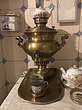 Samovar with teapot in Riga, Latvia. Latvia was influenced by the Russian culture and there still exists a Russian-speaking community.