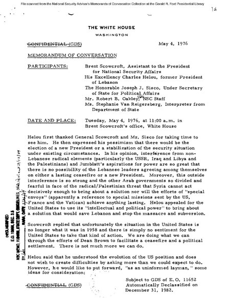 Example: Memorandum of conversation of meeting led by Brent Scowcroft (1976) Scowcroft, Joseph Sisco (State), Former Lebanese President Charles Helou - May 4, 1976(Gerald Ford Library)(1553447).pdf