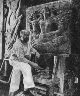 Sculptor Milton Horn with a quarter size model of his Chicago rising on the Lake bronze sculpture.png