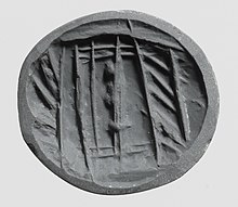 Impression of Minoan seal; designs like this are thought to represent rustic shrines Seal MET DP110335 (cropped).jpg