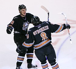 Alexander Semin and Alexander Ovechkin celebrate following a goal in 2007.