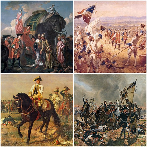 Clockwise from top left: The Battle of Plassey (23 June 1757) The Battle of Carillon (6–8 July 1758) The Battle of Zorndorf (25 August 1758) The Battl