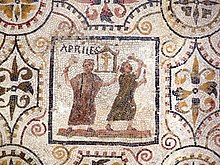 April panel from a Roman mosaic of the months (from El Djem, Tunisia, first half of 3rd century AD) Sousse mosaic calendar April.JPG