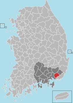 金海市在韓國及慶尚南道的位置