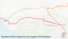 Map of the Southern Pacific Railroad's different routes into Los Angeles from the north Southern Pacific LA access.png