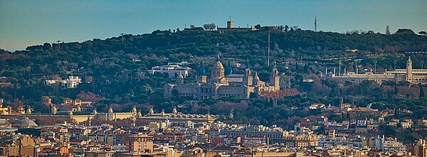 Picture of Montjuïc taken from the Finestrelles scenic viewpoint.