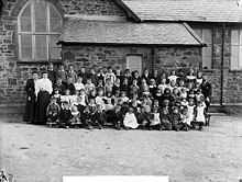 The pupils and staff of the St Davids Board School in Pembrokeshire, circa 1885. St Davids Board School NLW3362351.jpg