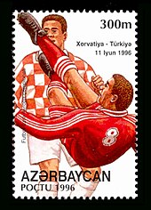 1996 Azeri postage stamp depicting the Group D game between Croatia versus Turkey on 11 June Stamps of Azerbaijan, 1996-425.jpg