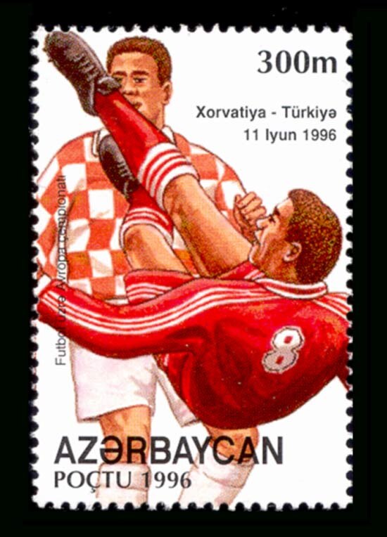 Turkish national football team on an Azerbaijan stamp for Euro 1996