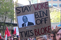 Stay woke Bin off this bloke - Climate crisis rally Melbourne - IMG 7724 (49568426433).jpg