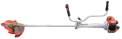 Bike handlebar style brushcutter ready for transport. To use, the handlebars are rotated and the red blade guard removed. Stihl FS350.jpg