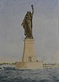 Illustration du projet de Bartholdi pour le canal de Suez (1869), projet abandonné mais qui a servi de base à la Statue de la Liberté.