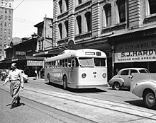 A trolleybus in Edward Street shortly after the service commenced in 1951. TB9EdwardStreet1951.jpg
