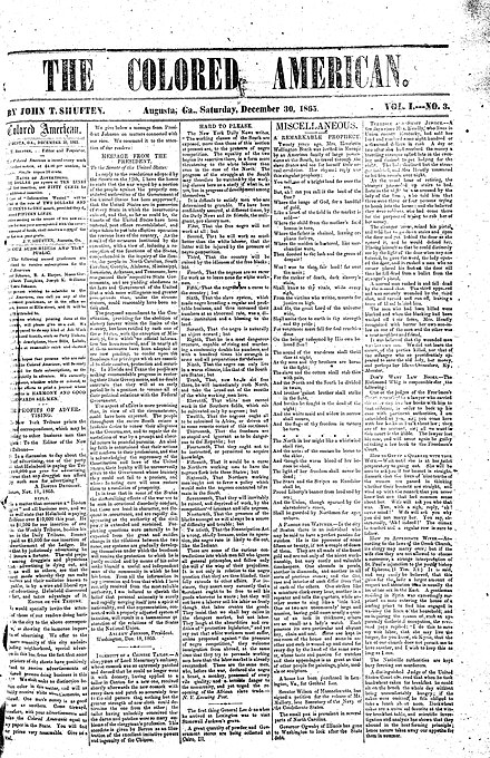 Front page of the December 30, 1865 edition of The Colored American from Augusta, Georgia.