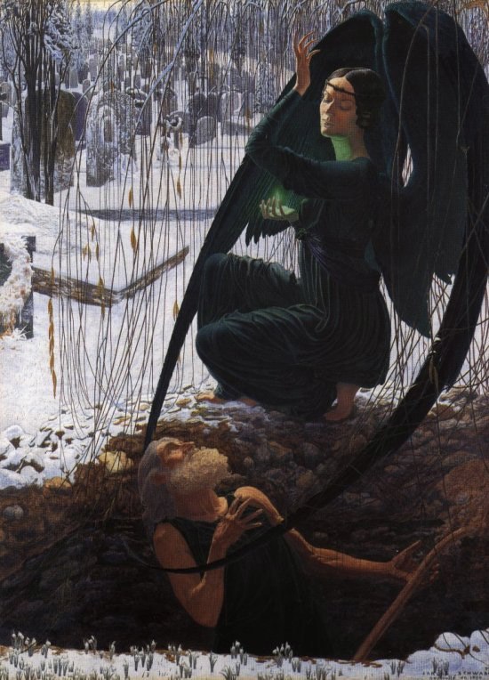 Death and the Grave Digger (La Mort et le Fossoyeur) (c. 1895) by Carlos Schwabe is a visual compendium of symbolist motifs. The angel of Death, prist