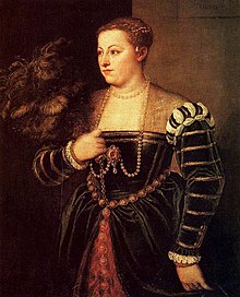 A 1560-1565 portrait by Titian, sometimes also identified as Lavinia (Gemaldegalerie Alte Meister, Dresden). Tizian 116.jpg